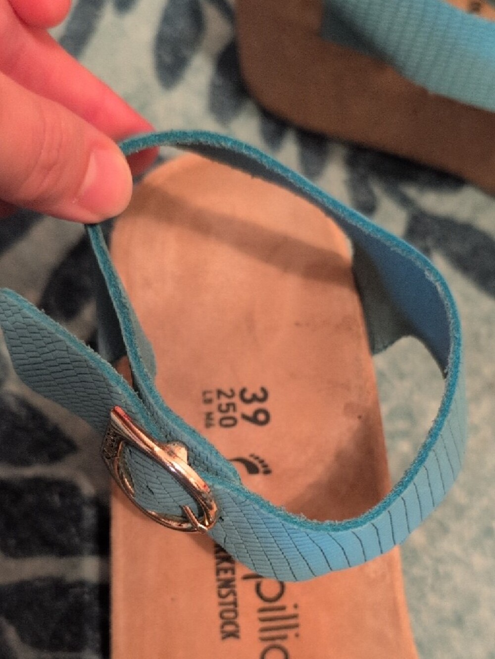 Birkenstock Papillio Teal Textured Two-Strap Wedge Sandals with Gold Buckles - Picture 3 of 9